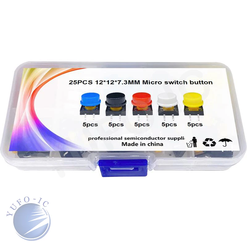 25PCS 12*12*7.3mm Switch Kit With Box Micro Touch Button Switch Press With Red Blue Black Yellow White Caps Head 12x12x7.3mm Set