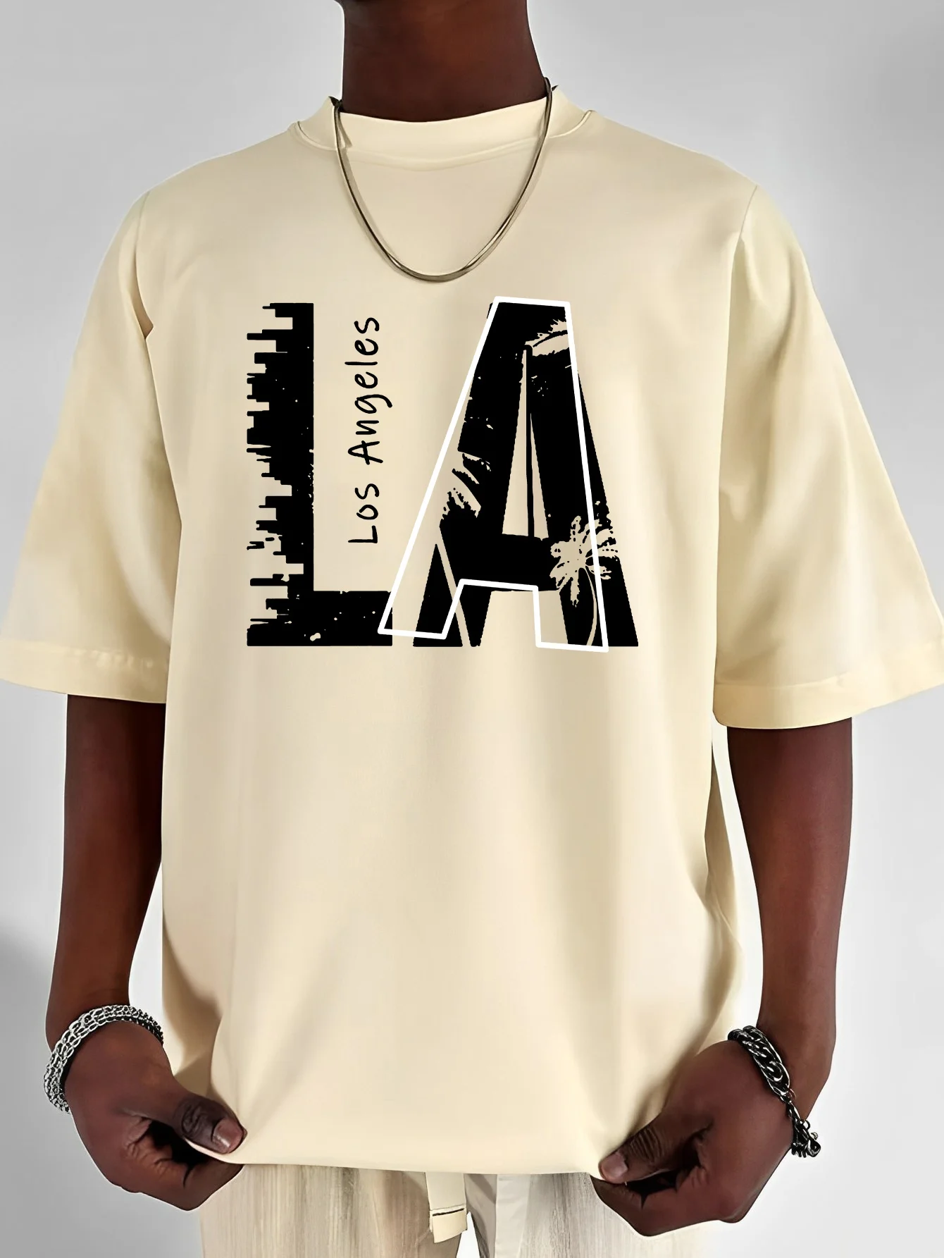 Men's summer 100 cotton fashionable casual loose plus size Los Angeles letter printed sports round neck short sleeved T-shirt