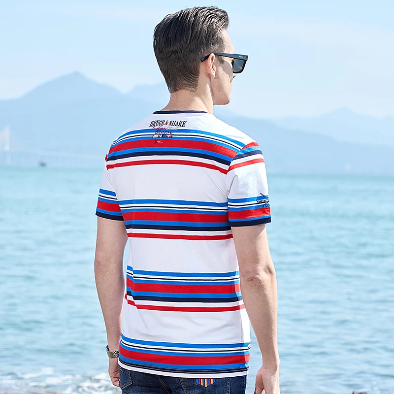 Summer Straight Men's Stripe Tees Fashion Embroidery Bruce&Shark Loose Men's T Shirt Round Neck Causal Breathable Big Size 4XL