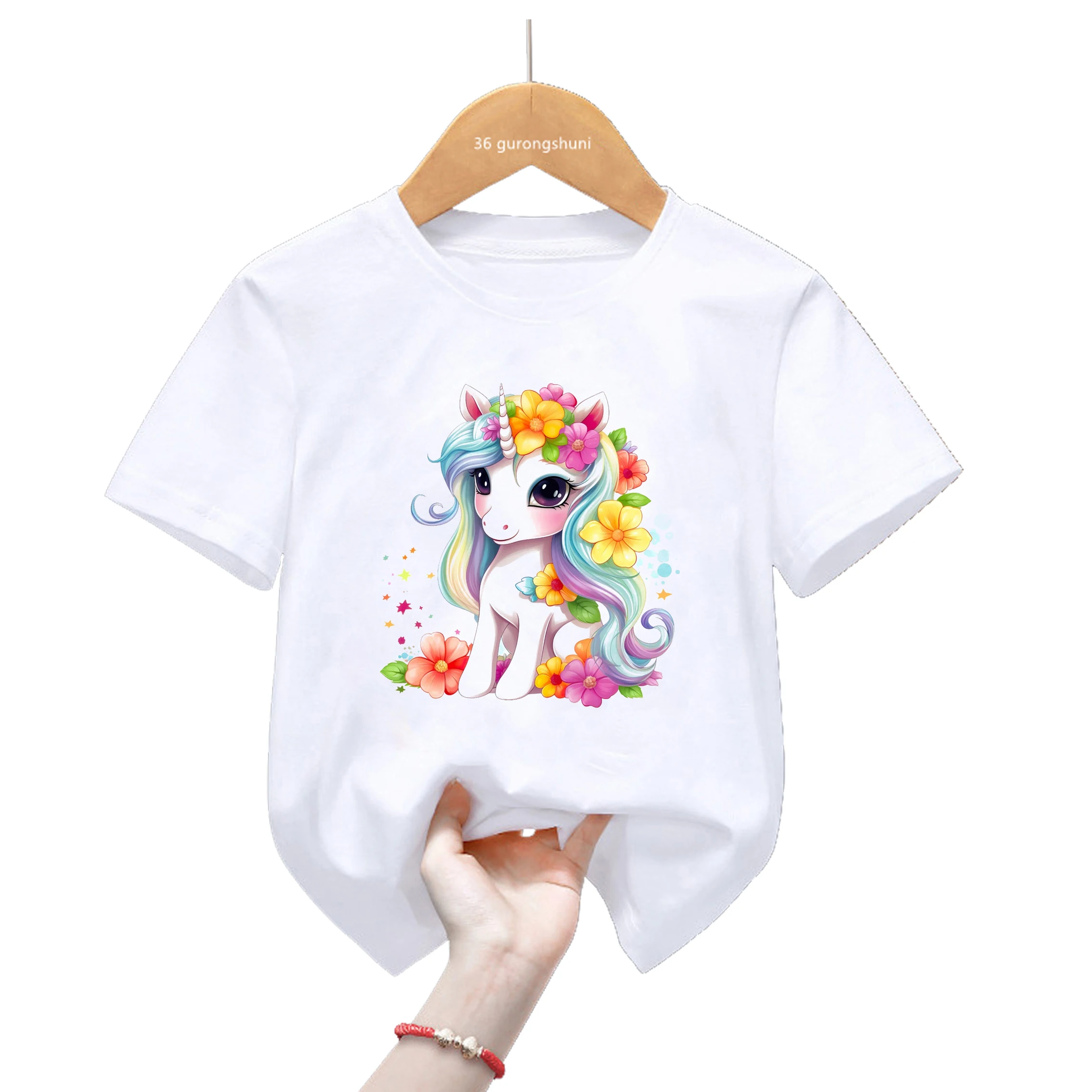 Kawaii bunte Regenbogen Einhorn T-Shirt Geburtstags torte Jungen Mädchen Geburtstags geschenk T-Shirt Baby Kinder Kleidung Kurzarm Top