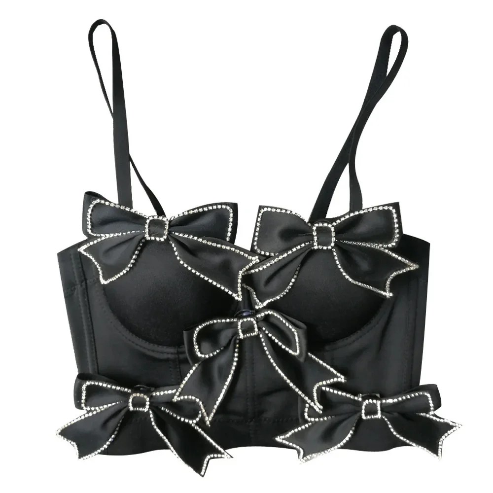 

Бюстгальтер без косточек с бантом и бриллиантами, нижнее белье для вечеринок, одежда для выступлений, укороченные топы, бюстгальтеры для женщин, нижнее белье на косточках, бюстгальтер пуш-ап