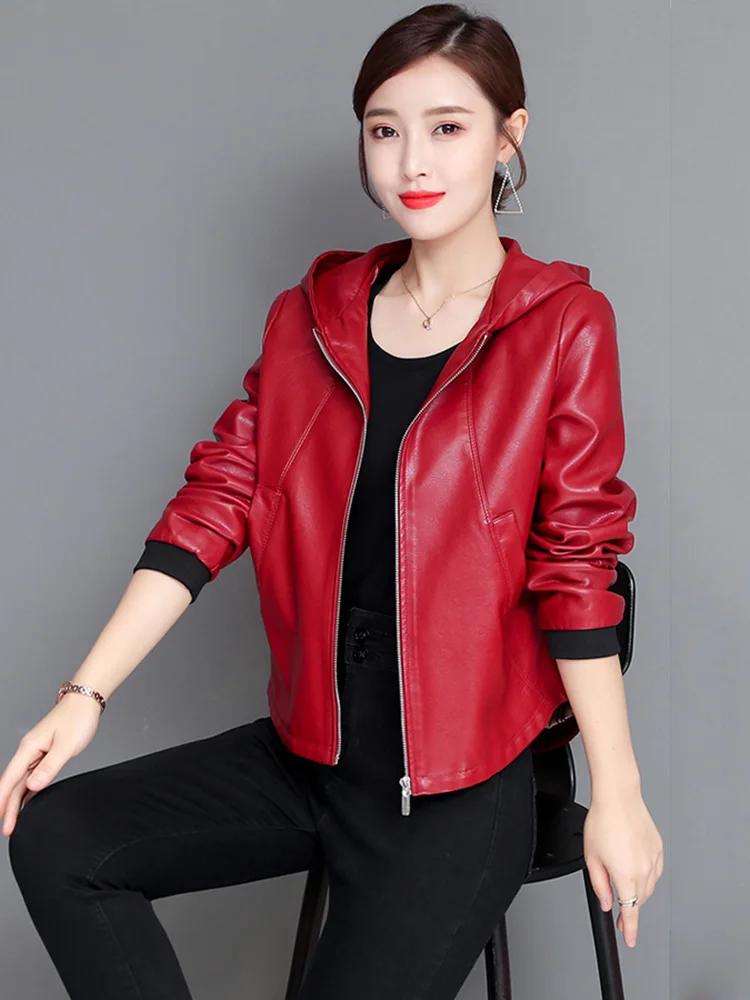 New Women Casual Leather Jacket Spring Autumn Fashion Hooded Zipper Split Leather Loose Outerwear Short Sheepskin Tops Coat