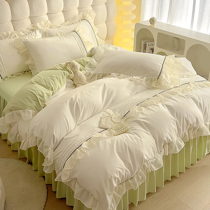 مجموعة غطاء لحاف بتصميم دانتيل رومانسي، تنورة سرير من الدانتيل، مقاس كينج، قطن مغسول، صديق للبشرة، قابل للتنفس لحجم الملك، مقاس كوين #3