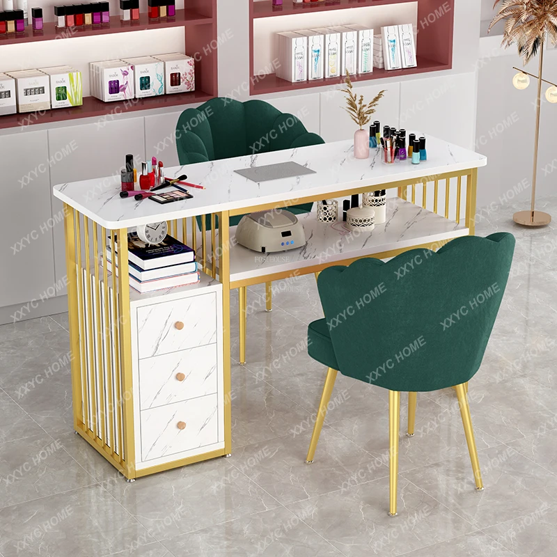 Modern Light Luxury Golden Nail Tables Nordic Professional Manicure Table with Vacuum Cleaner  Furniture Storage Nail Table