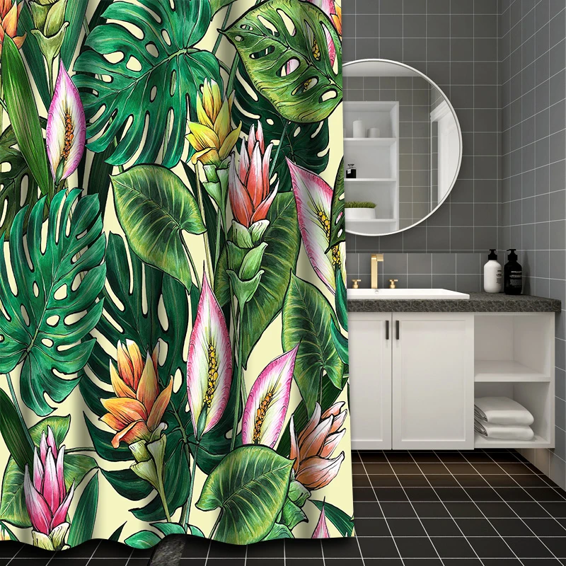 Nordic green leaf Bathing Curtain  Bathroom Nordic green leaf  Shower Curtain Waterproof With 12 Hooks Home Deco Free Ship