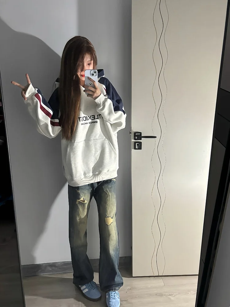 

Американский оверсайз худи для женщин, весна-осень, свободный крой, с пэчворк-дизайном, для пар, верхняя одежда для повседневной носки, длинный рукав