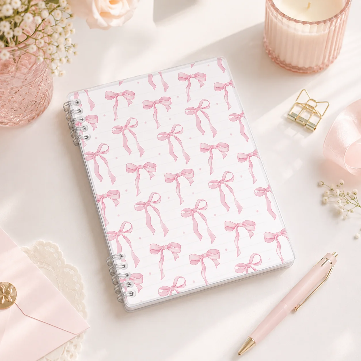 Spiral Notebook Cute Pink Bow Pattern Notebook Refillable Lined Journal for Women School Office Daily Writing Stationery Gift
