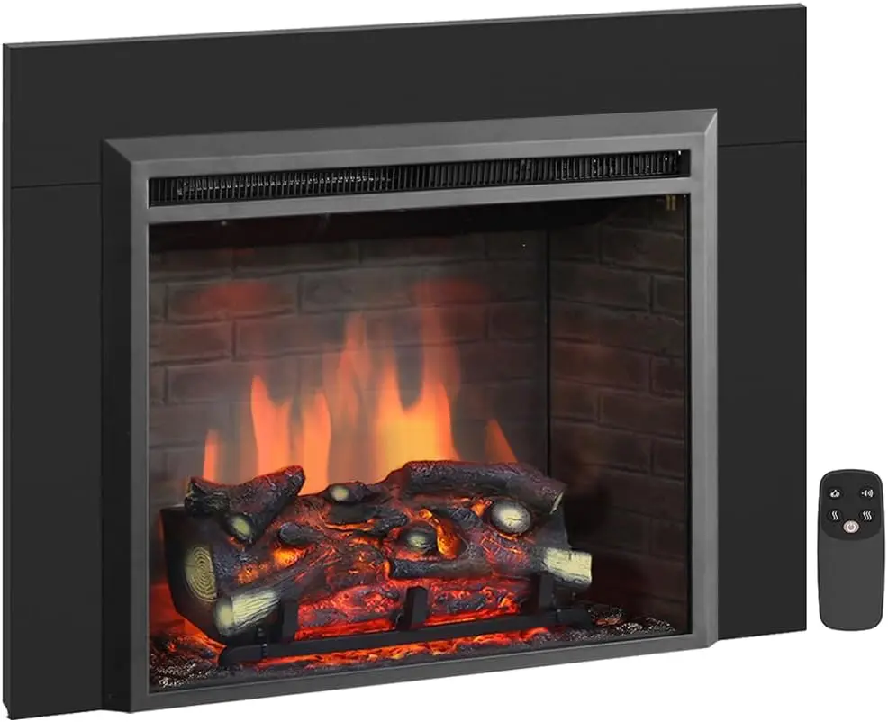 

PuraFlame Western 26" Electric Fireplace Insert with Trim Kit, Fire Crackling Sound, Resin Log, Remote Control, 750/1500W Heater