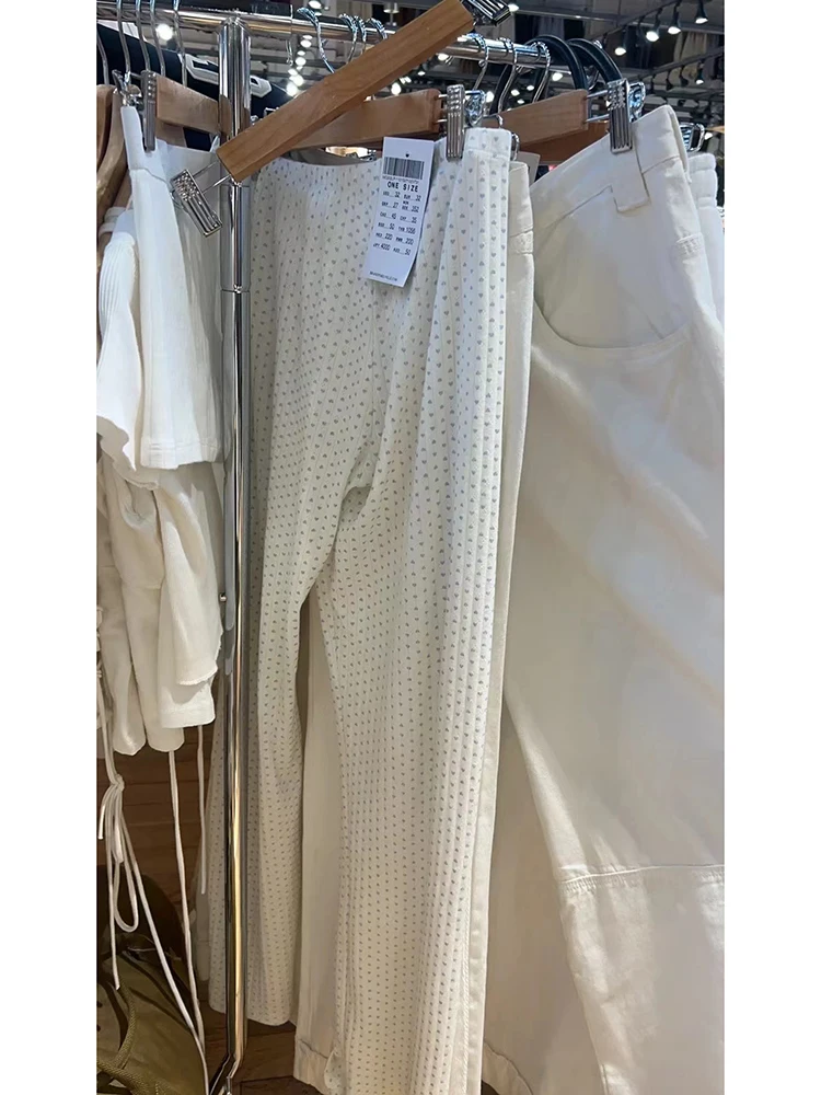 Blue Heart Eyelet Long Pants Women Summer Beige Elastic High Waist Straight Trousers Sweet Girls Casual Cotton Home Pant Y2k