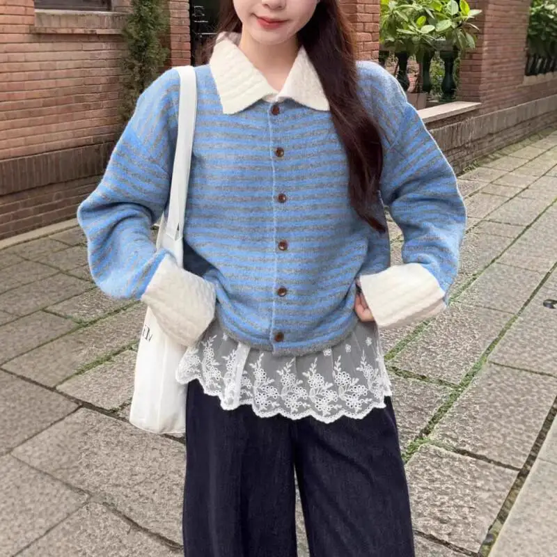 Fashion Striped Sweater Women Autumn New Retro Color Block Casual Polo Collar Versatile Knit Cardigan Top Cotton Knit Sweater