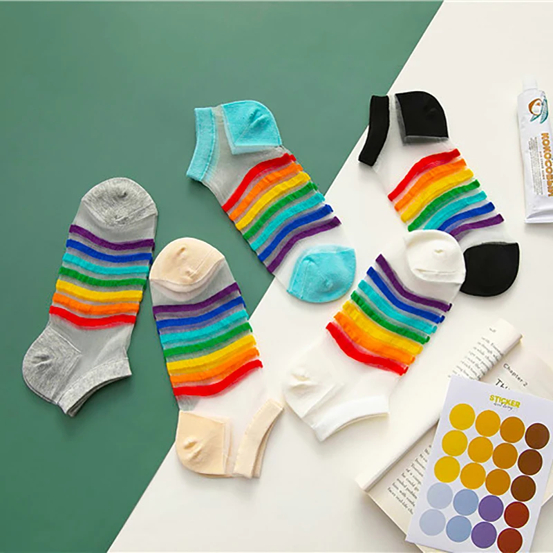 5 Pairs Spring Summer Women Socks Silk Cotton Girls Striped Transparent Glass Fiber Fashion Rainbow Harajuku Cute Ankle Socks