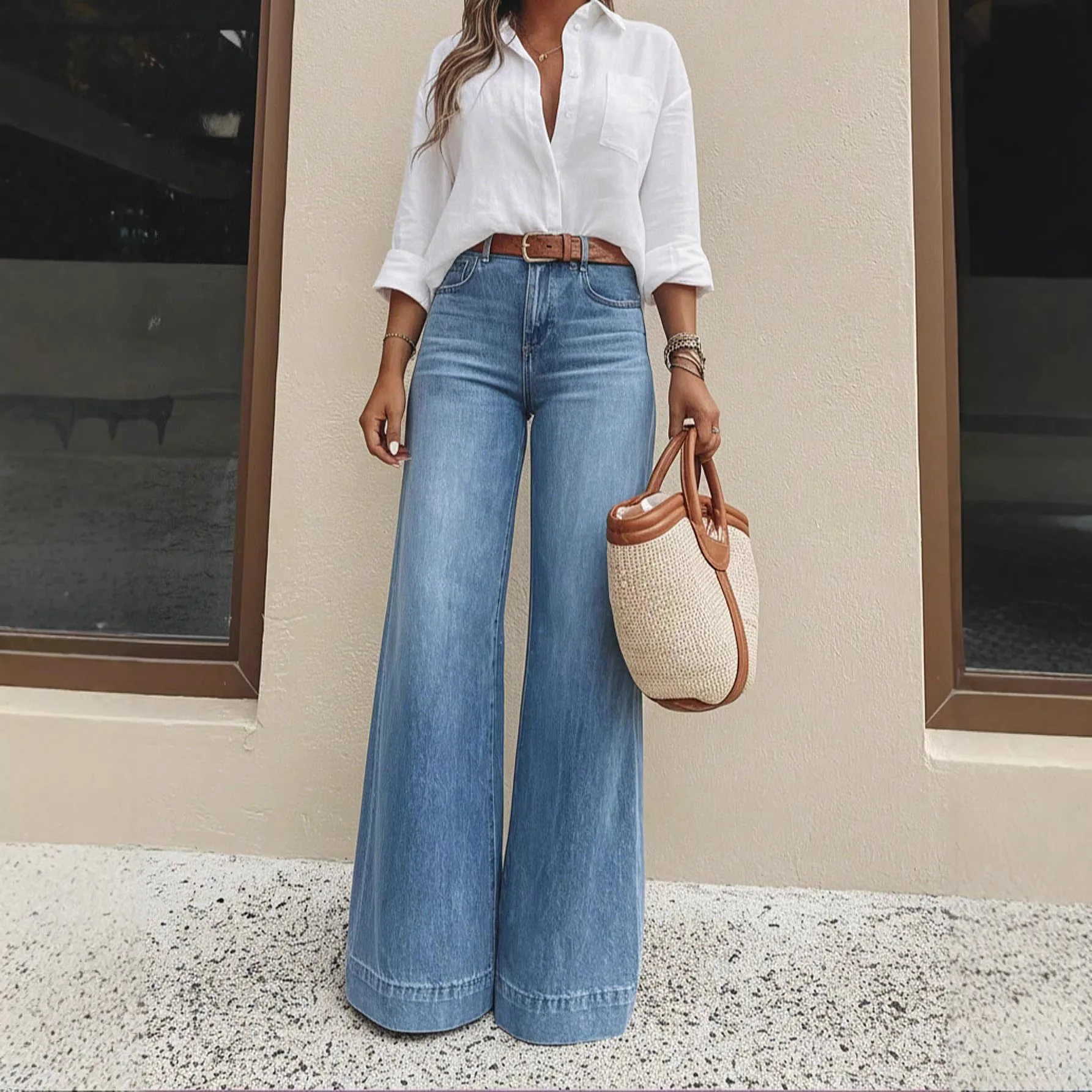 Palazzo Pant Wide - بنطلون جينز نسائي واسع الساق بخصر