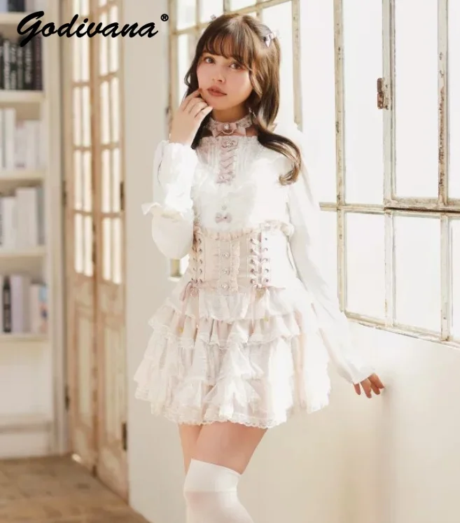 Japanisches Liz Sweet Lace Bow Choker Collar Kurzarm-Lolita-Top Prinzessin Mädchen Damen Langarm-Strickshirt Pullover Tops