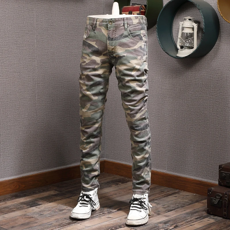 

Street Style Fashion Men Jeans Camo Trousers Stretch Slim Fit Embroidery Pocket Designer Jeans Men Hip Hop Pants Hombre