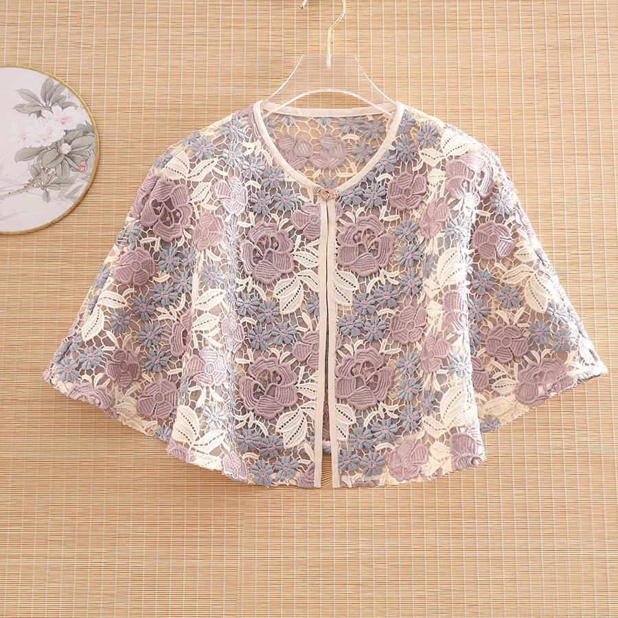 

Chinese Style Spring Autumn Women Hollow Out Tops Cloak Retro Elegant Loose Lady Luxurious A buckle Shawl Coat