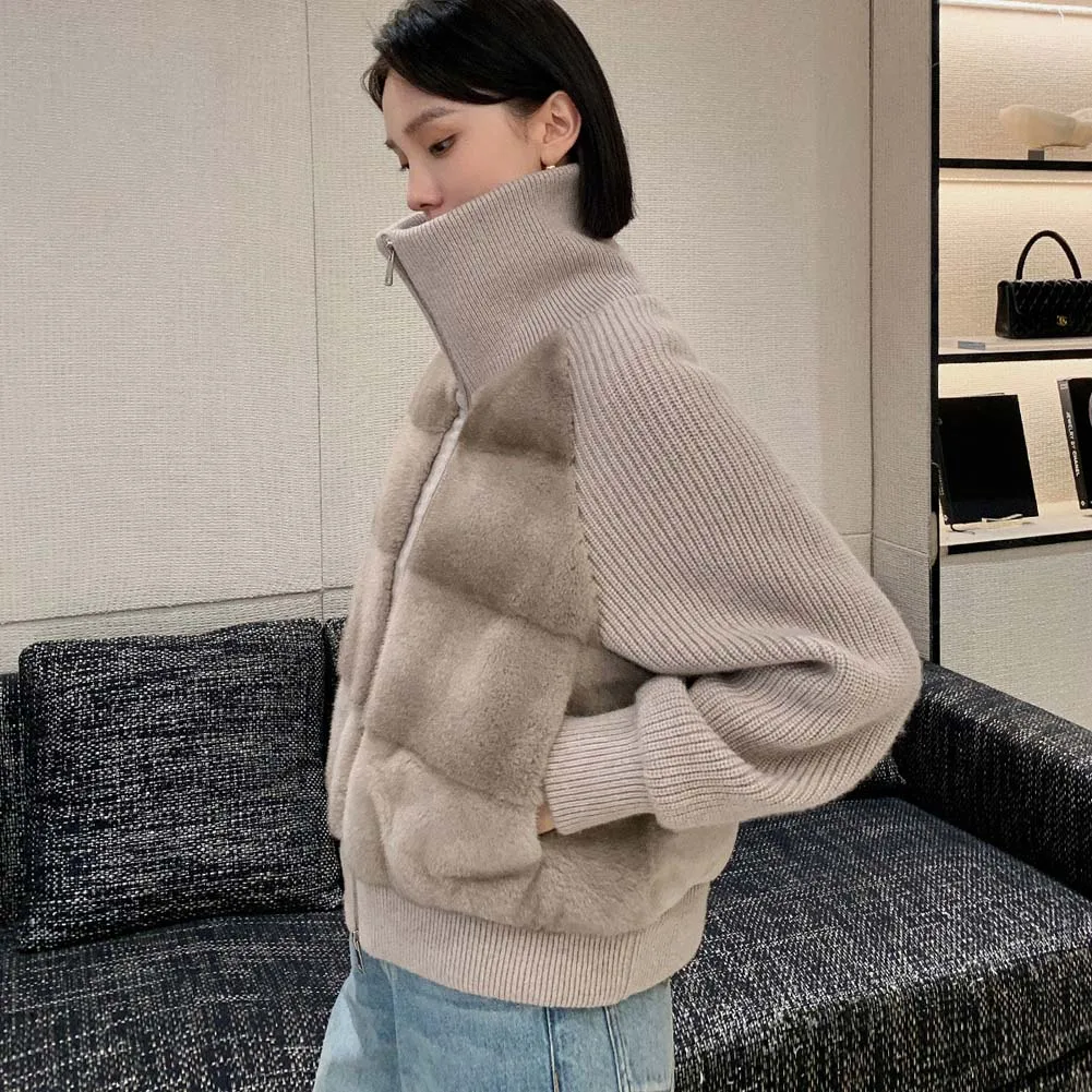 2025 invierno nueva chaqueta de piel corta de mujer de retales de manga tejida de gama alta chaqueta de piel de visón