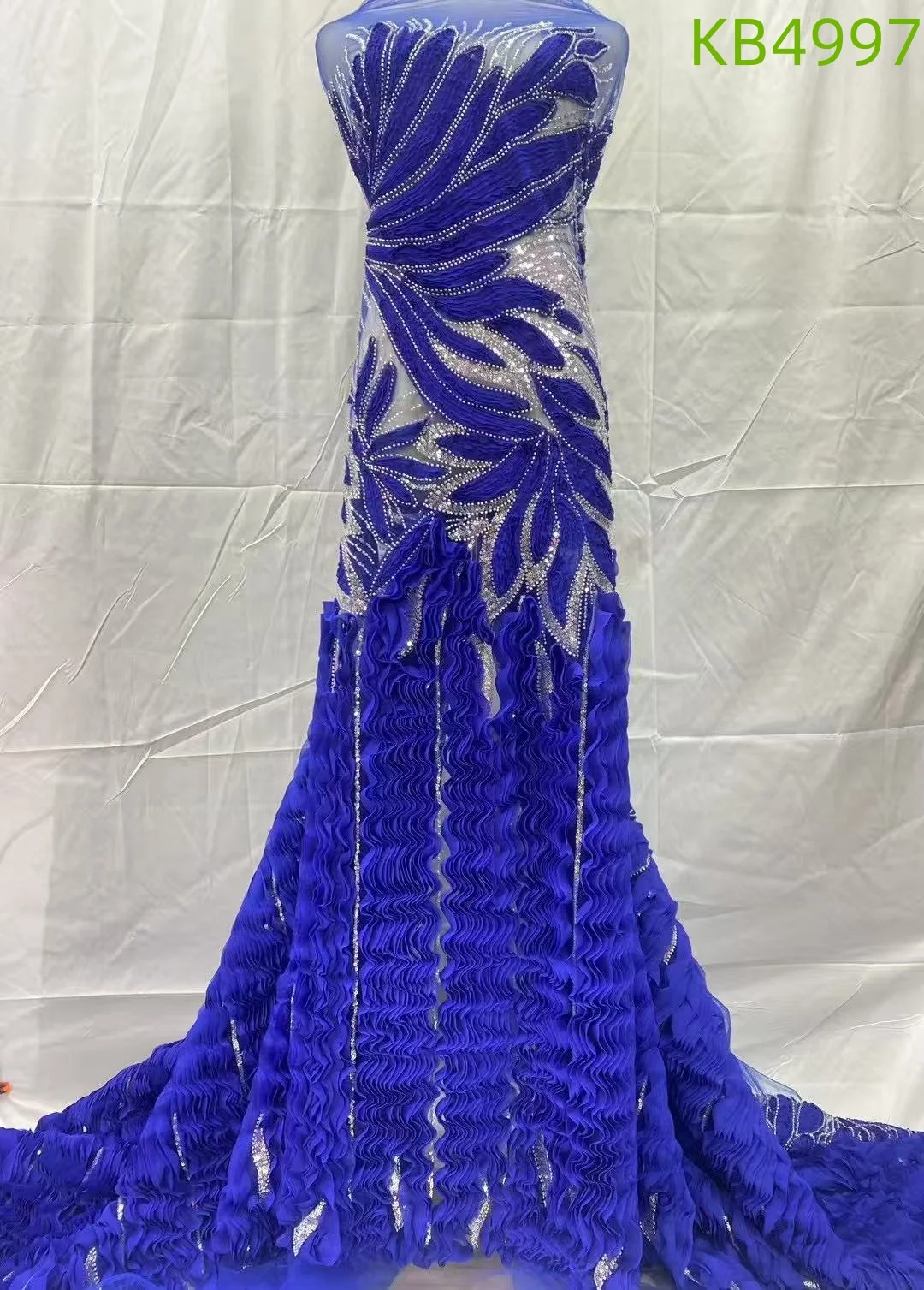 

African Nigerian Beads Lace Fabric 2025 High Quality Blue French Mesh Sequins Embroidery Tulle Fabric For Wedding Dress KB4997