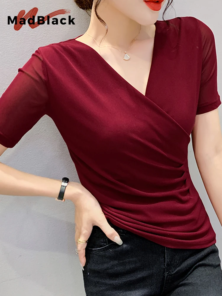 

MadBlack Summer V Necks Tshirts Women Clothing Sexy Cross-over Slim Pullover Tops Short Sleeves Bottoming Tees New 2023 T33931X