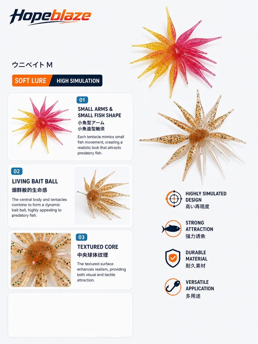 Hopeblaze School-of-Fish Seeigel-Softköder mit mehreren Tentakeln, Morigen Rig, Coike-Fischtyp für Barsch, Hecht und Raubfische. – Detail 3