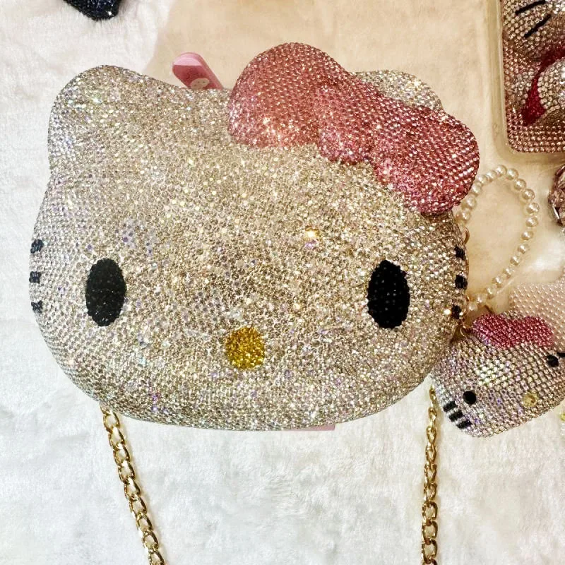 

Hello Kitty Sanrio Plush Kawaii Cartoon Cute Full Diamond Heavy Crossbody Chain Bag Anime Plush Toys for Girls Birthday Gift