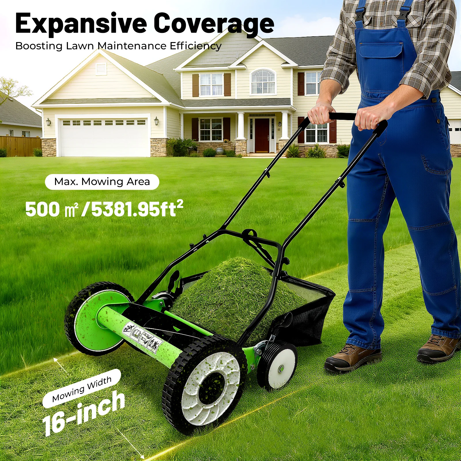 

16-дюймовая ручная газонокосилка-катушка, 5-лезвийный роторный триммер с регулируемой высотой и травосборником, без двигателя