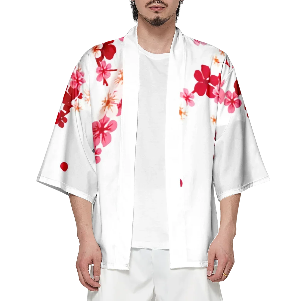 Beach Tops Summer Sakura Pattern Kimono Streetwear Hawaiian Shirt Chic Unisex Cardigan Bathrobes Yukata Japanese Fashion Haori