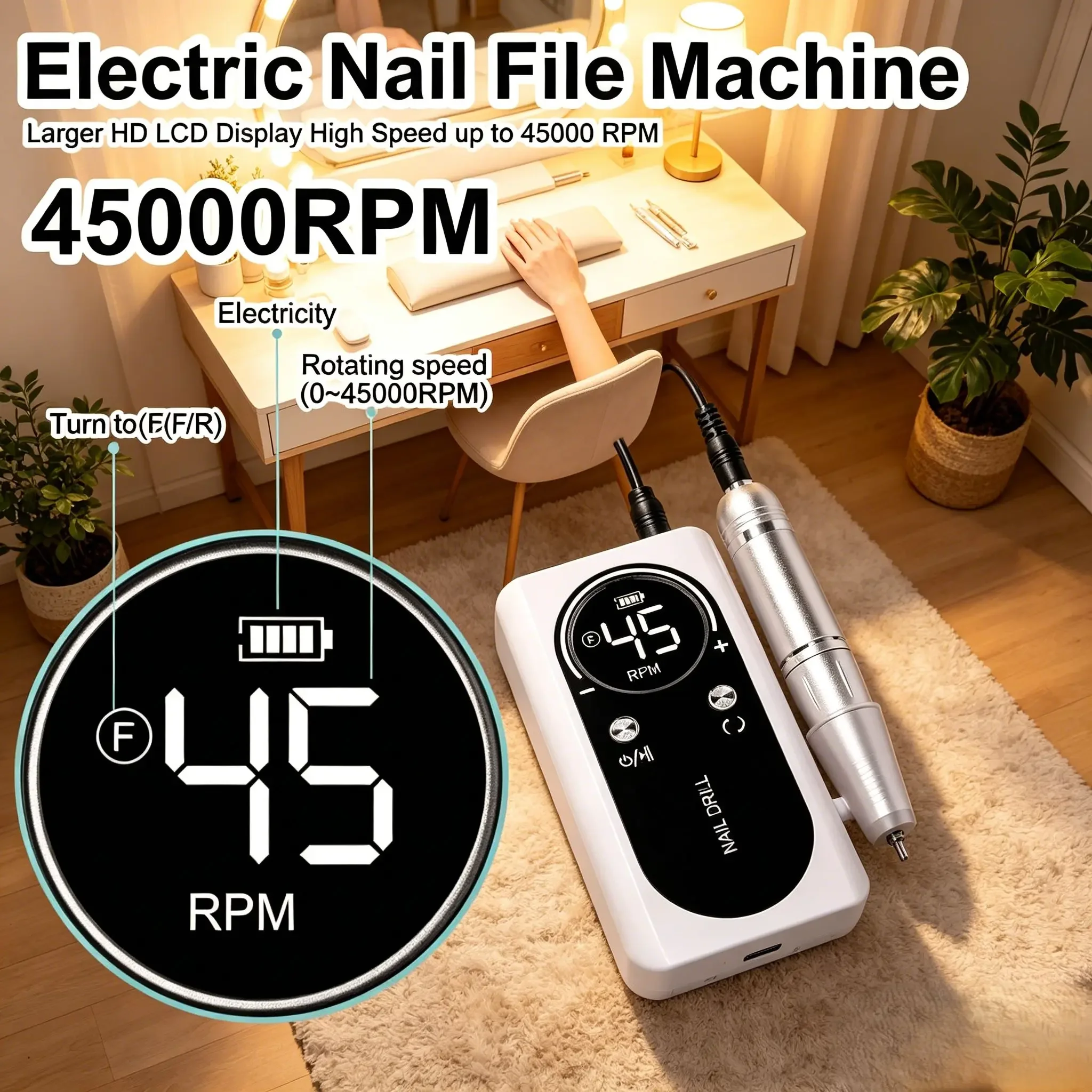 45000RPM Rechargeable Electric Nail Drill Machine, LowNoise Portable Nail File Sander, Professional Home Manicure Tool
