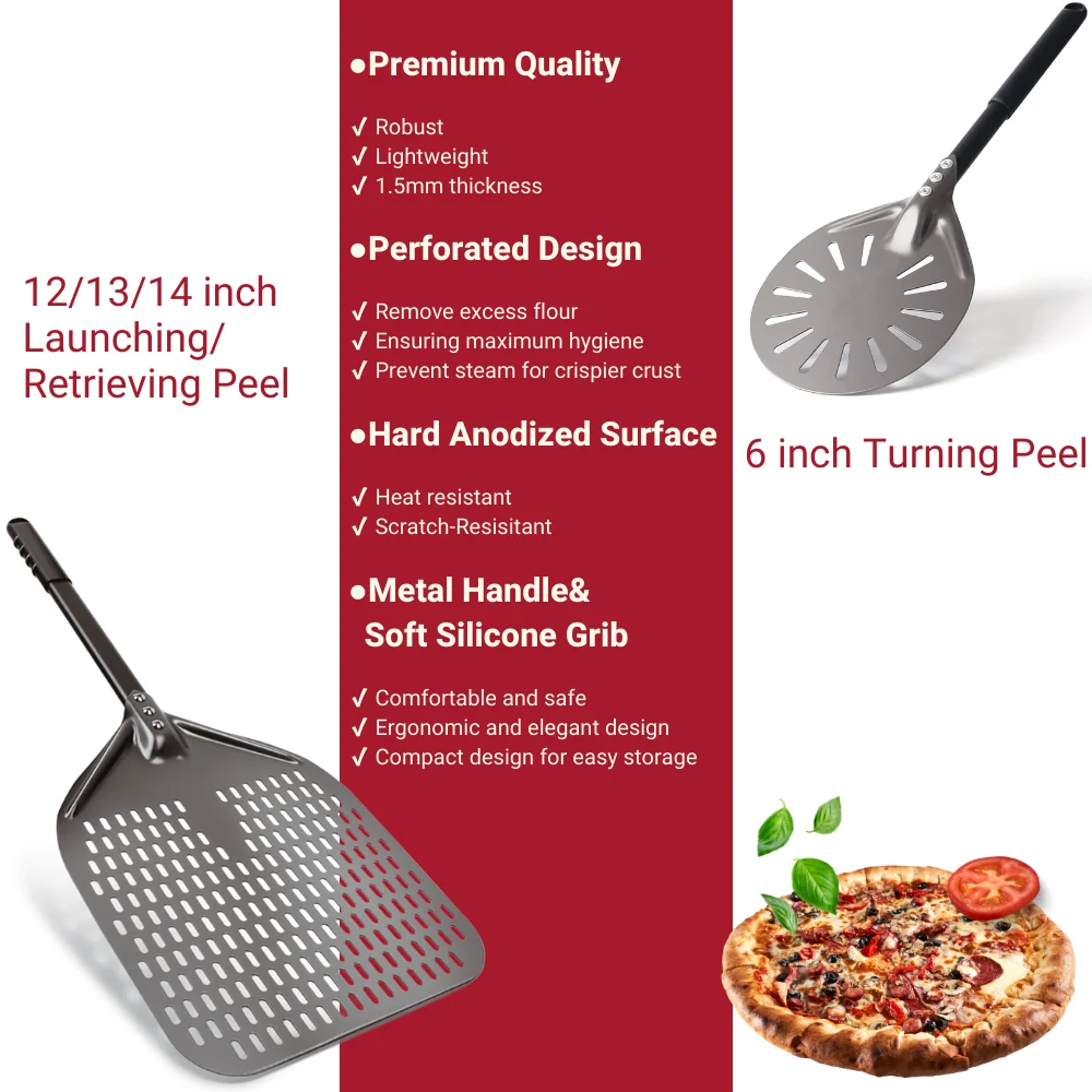 Pizza Peel Turning Peel Dough Scraper & Cutter 4 Pcs Set Hard Anodized Spatula Tools with Hanging Bracket for Pizza Oven