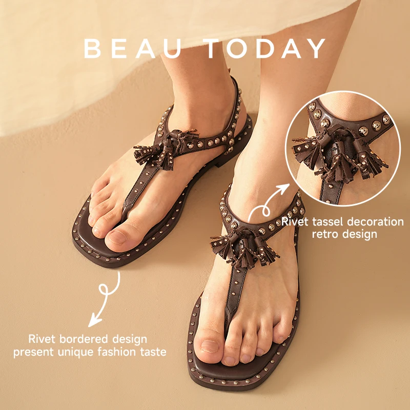 BEAUTODAY Gladiator Sandals Women Calfskin Leather Fringe Rivet Flip Flops Summer Ladies T-Strap Flat Shoes Handmade 32470