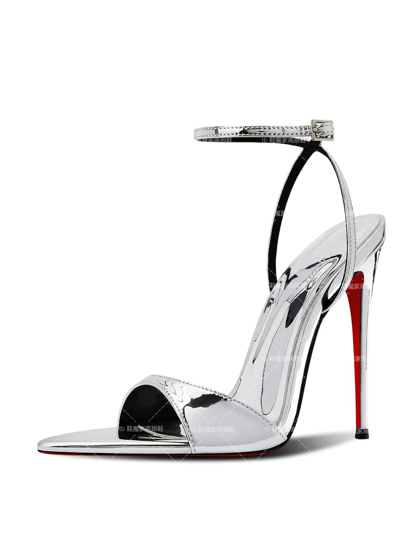 

Новые европейские и американские сексуальные серебристые туфли на высоком каблуке для женщин, с заостренным носком, открытые, с пряжкой, плоские сандалии, модные, больших размеров.