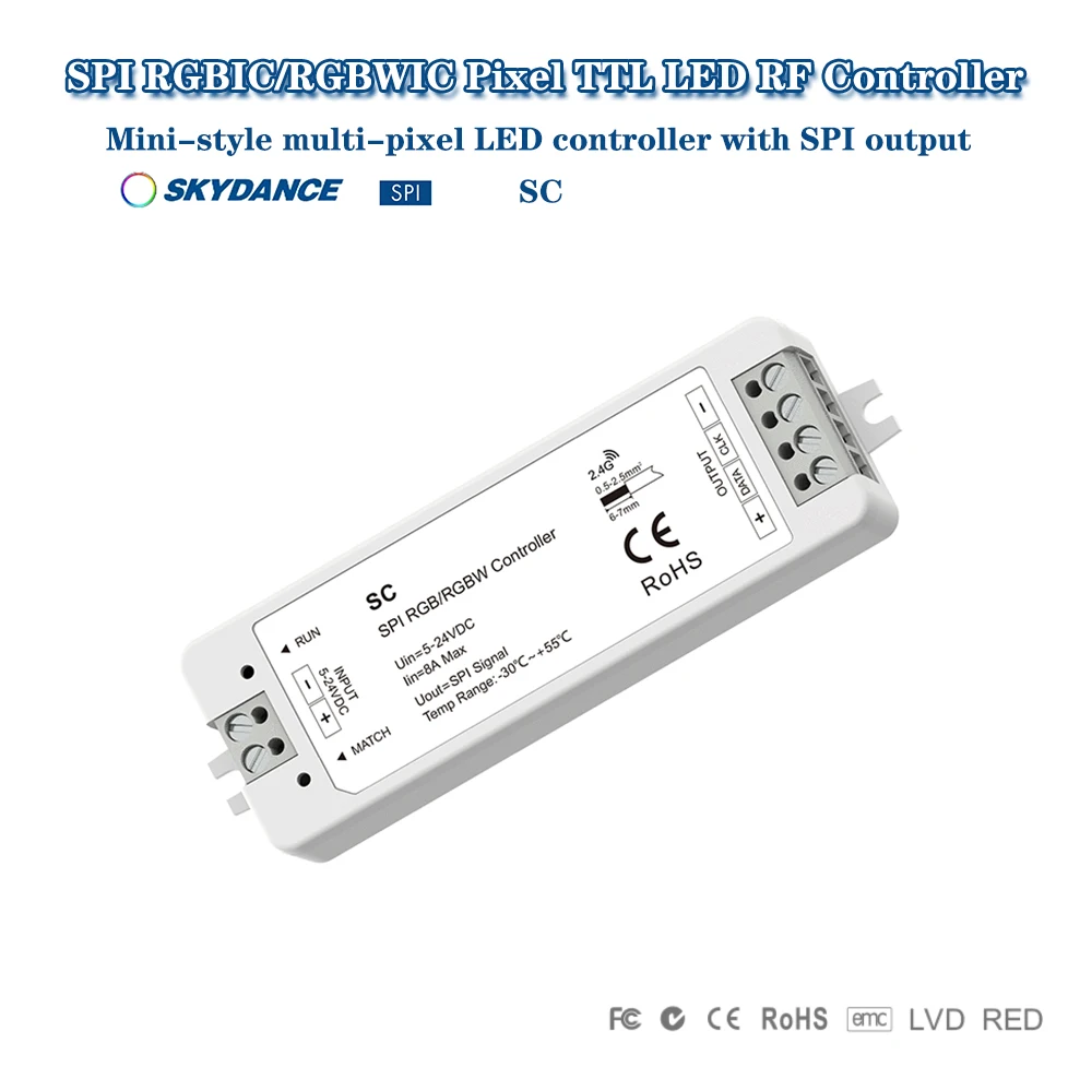 

Skydance SC DC5-24V 2.4GHzRF 8A SPI 1024Pixel TTL Controller for WS2811 WS2812 WS2813 WS2815 UCS1903 RGBIC/RGBWIC LED Strip