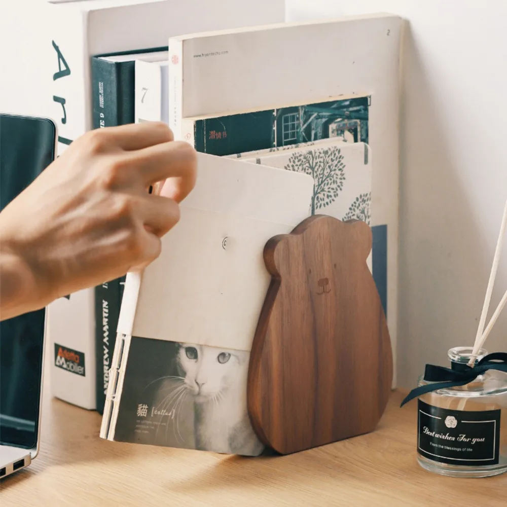 Book Holder Bear Wood Bookend Animal Shape Reusable Walnut L-shaped Desk Organizer Book Organizer Stationery