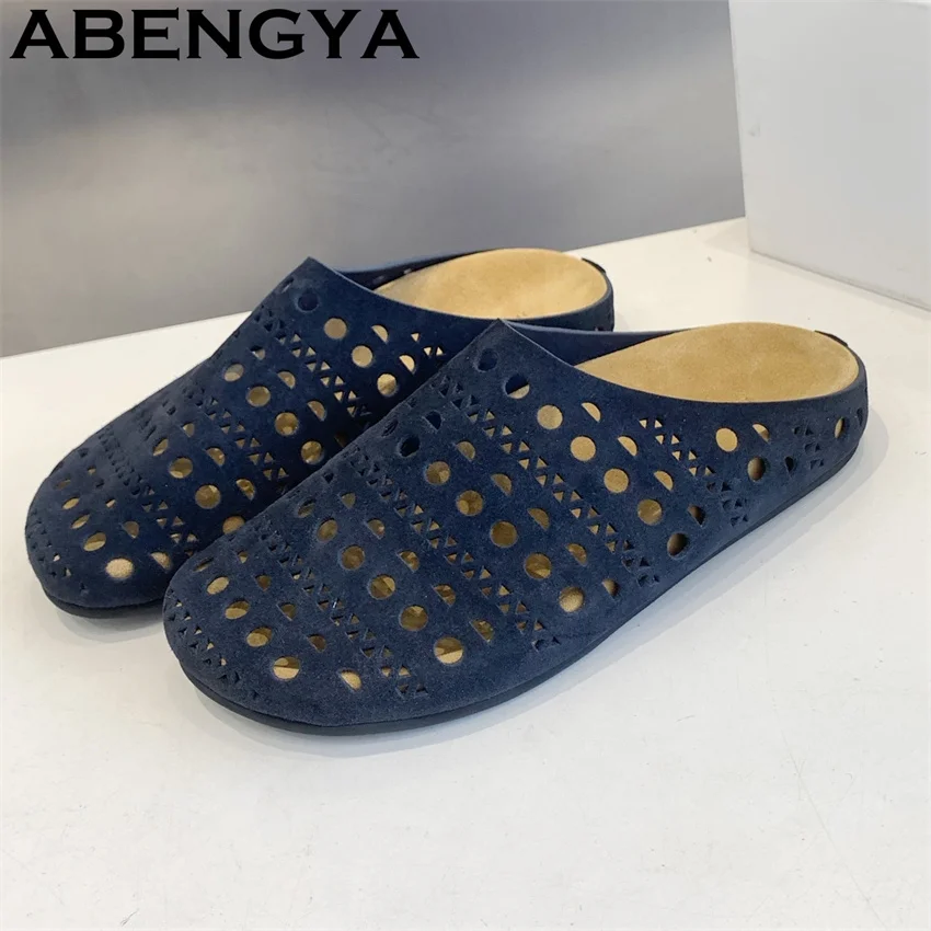 

Suede Leather Hollow loafers Flat Slippers for Women Summer Trendy Obese Casual Breathable Mules Slippers Woman zapatillas mujer