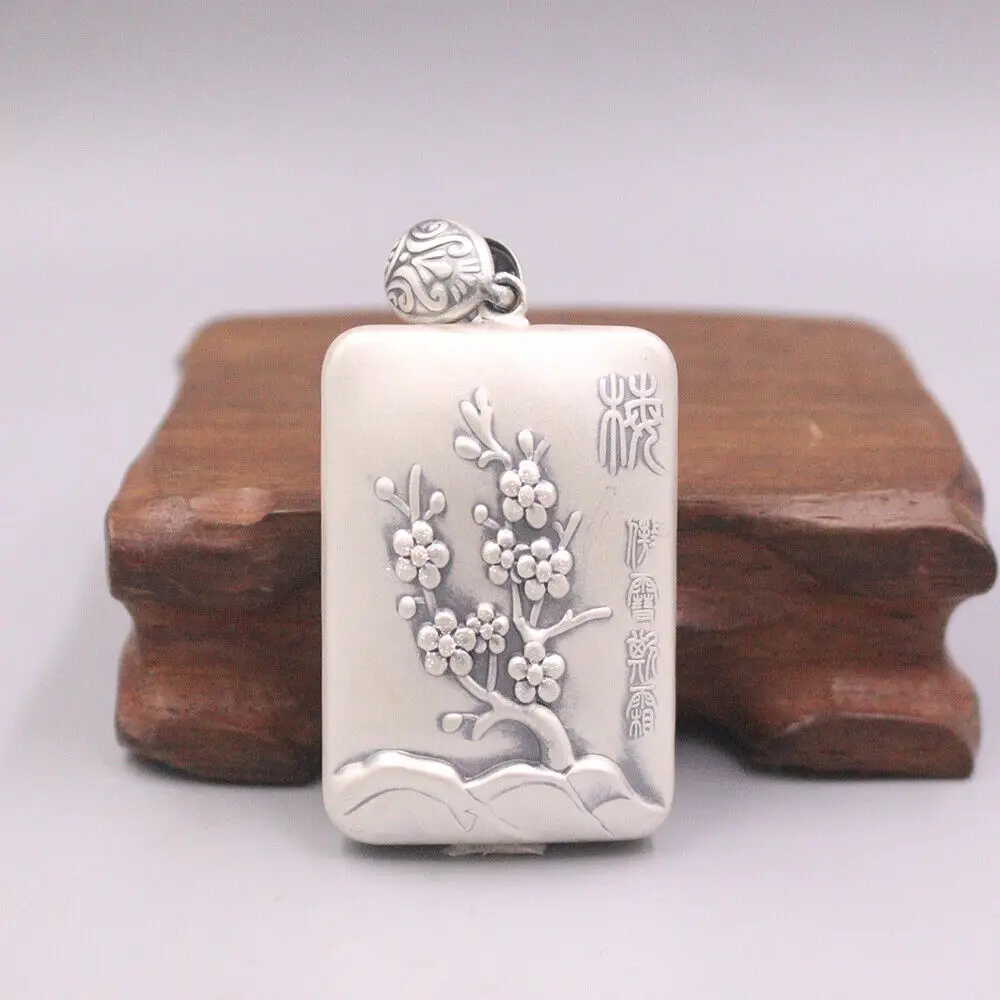 

Real 999 Fine Silver Plum Blossom Pattern Heart Sutra Rectangle Pendant 2.28"H