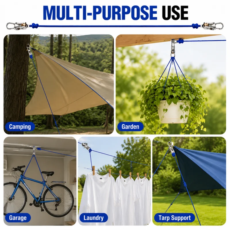 Heavy Duty Retractable Rope Tensioner, Adjustable Tie Down Rope with Roller Buckle System, Camping Tarp Guyline Kit