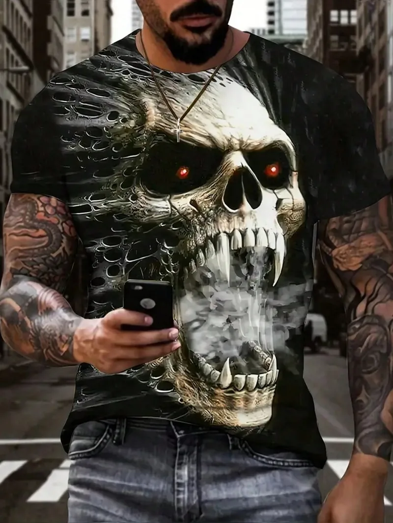 

2024 Men's T-shirt Bone Horror Design Sense O-neck Short Sleeve Summer New Casual Comfortable American Street Men's Wear