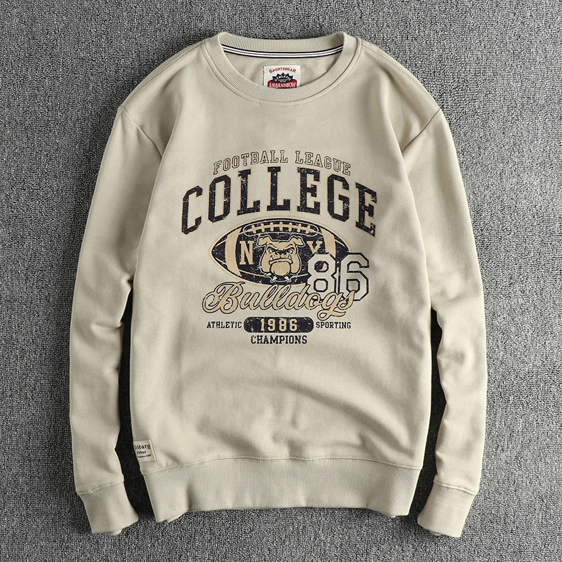 Autumn and winter new vintage letter pattern round neck hoodie men washed tripe wool circle comfortable long sleeves