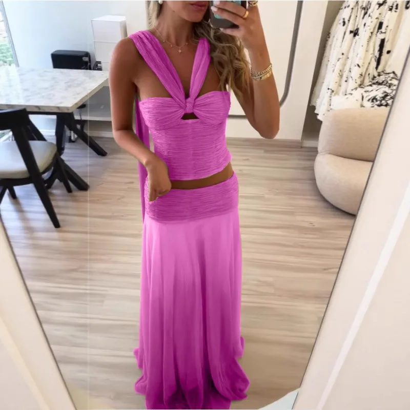 

Сексуальная женская юбка, элегантный укороченный топ с лямкой на шее и рюшами, плиссированная макси-юбка с высокой талией, комплект из двух предметов, ажурные наряды знаменитостей