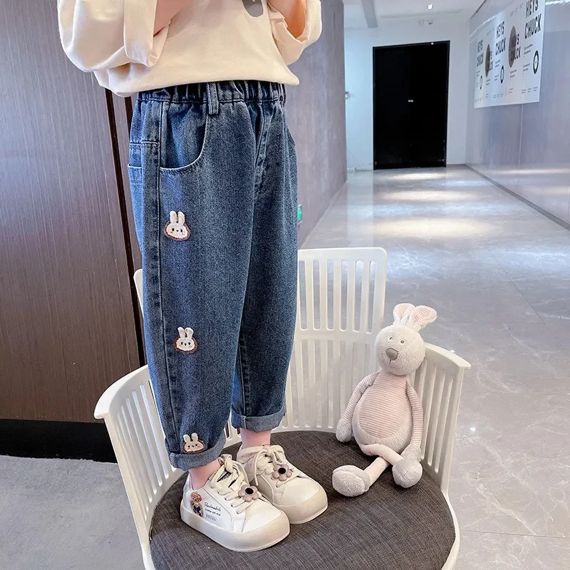 2024 Spring Fashion Comfortable Cute Cartoon Rabbit Pattern Jeans for Girls Kids\' Jeans for Casual Outfits