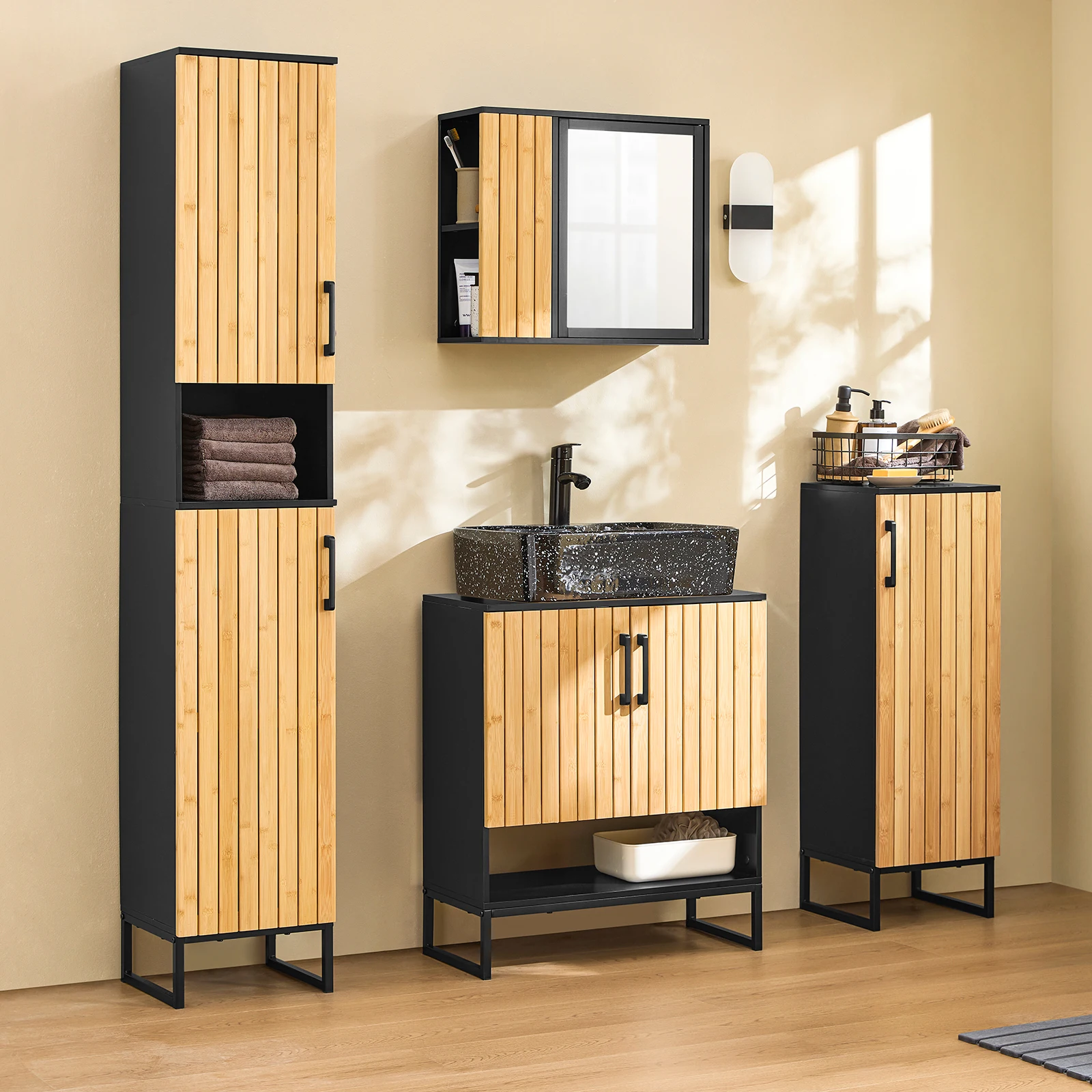 SoBuy BZR202-SCH Waschbeckenunterschrank 60 cm breit mit Bambus Tür & Metallfüßen höhenverstellbare für kleine Bäder Gäste WC – Detail 3