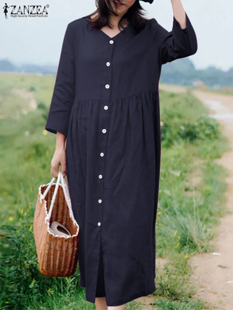 ZANZEA-Vestido camisero Vintage para mujer, Vestido de verano de manga 3/4 con cuello redondo, caftán liso a la moda, bata de trabajo holgada, 2024