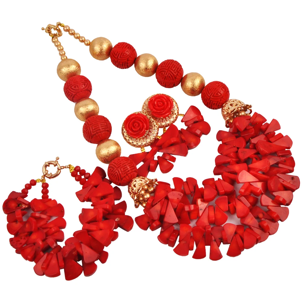 

Nigerian Coral Necklace Earrings Bracelet African Wedding Bridal Party Jewelry Set 22-11-22-B11