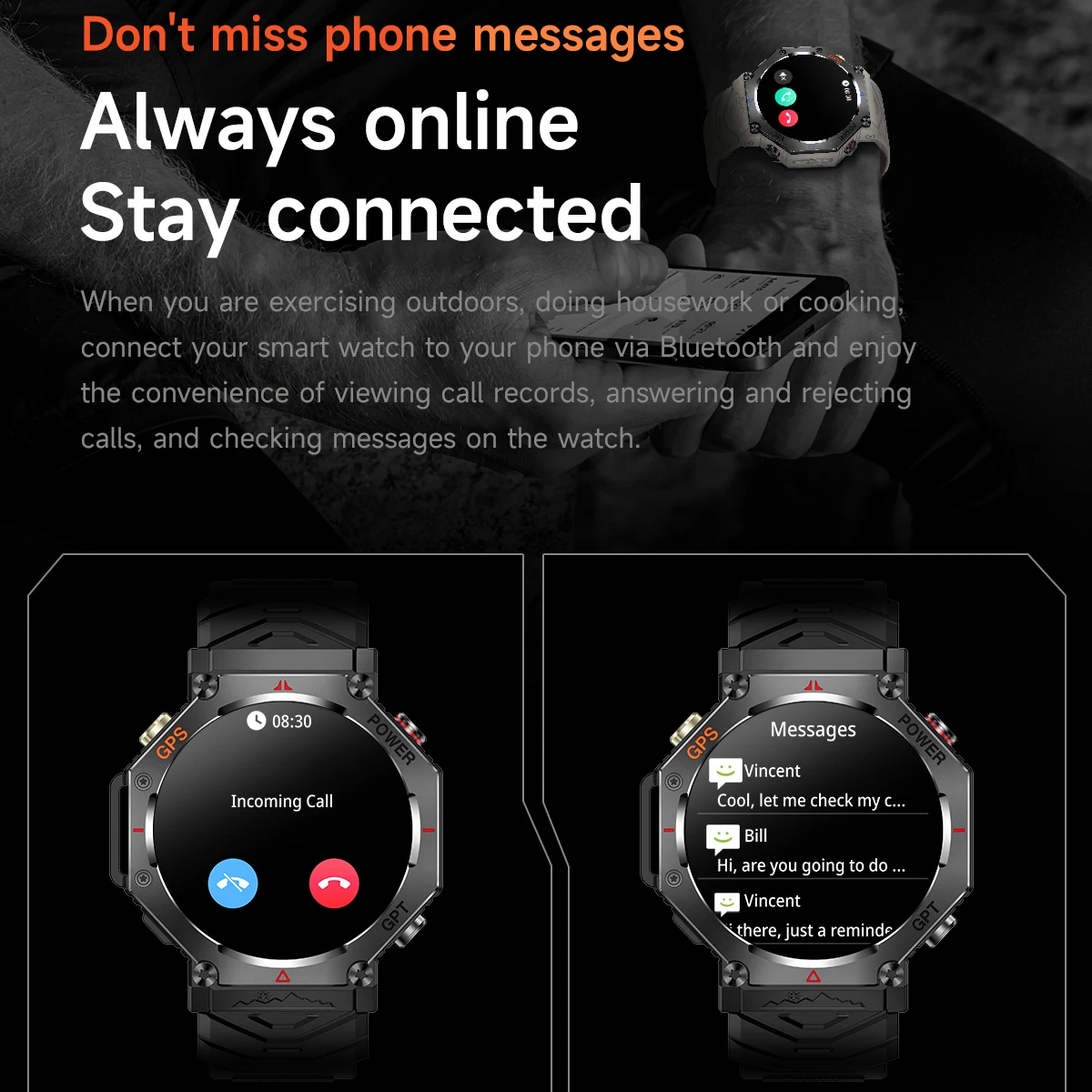 새로운 남성 여성 야외 스포츠 GPS 스마트 시계 손전등 3ATM 방수 GPT 파란색 치아 전화 건강 나침반 SOS 음악 Smartwatch