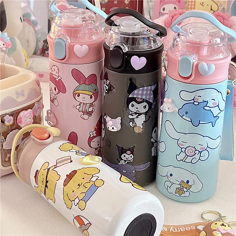 480Ml Sanrio Cinnamoroll My Melody Pompom Purins High Capacity Insulation Portable Flip Cover Travel Student Christmas Gift