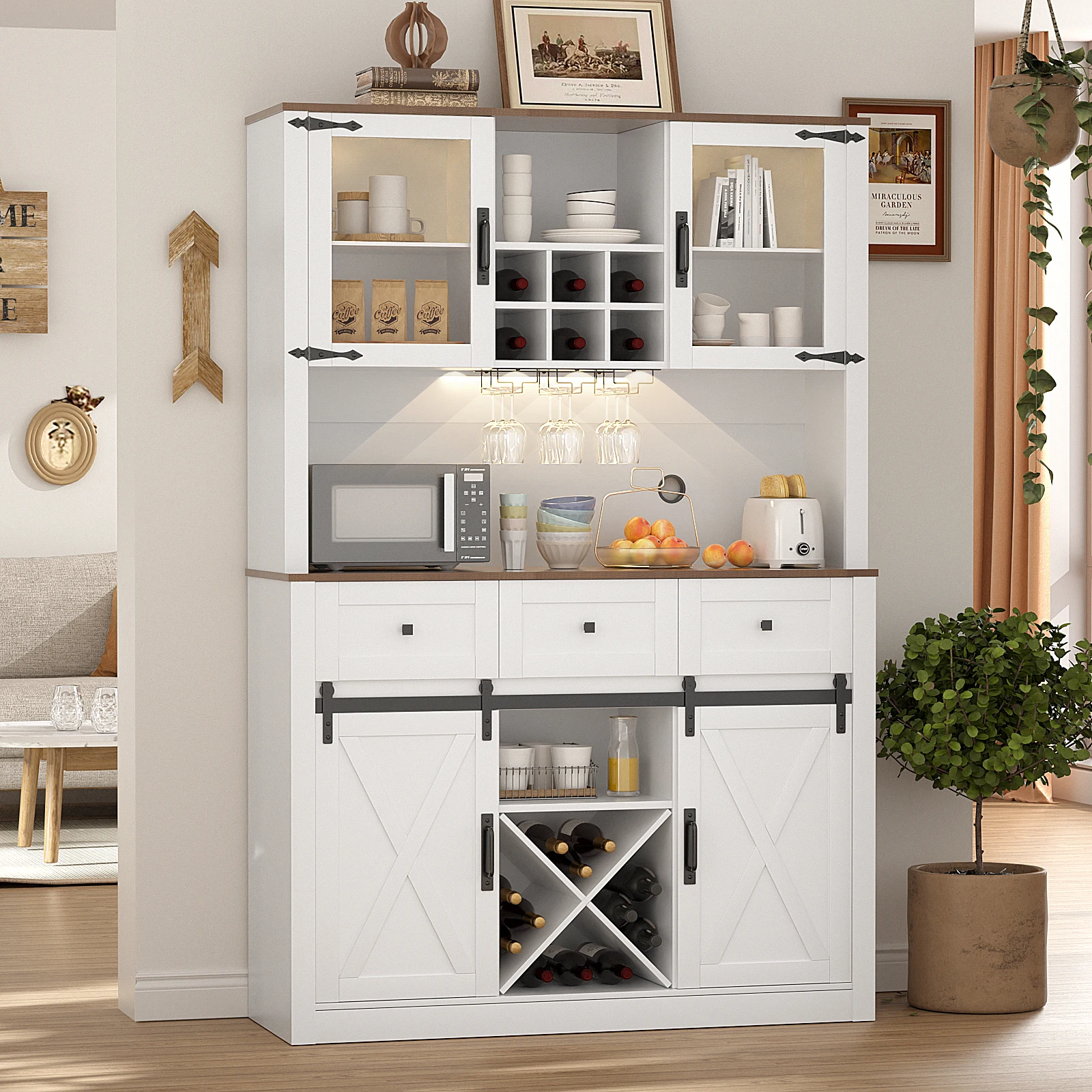 Cabinet with Sliding Barn Door, Sideboard Buffet Cabinet with Wine & Glasses Rack, Storage Cabinet for Kitc