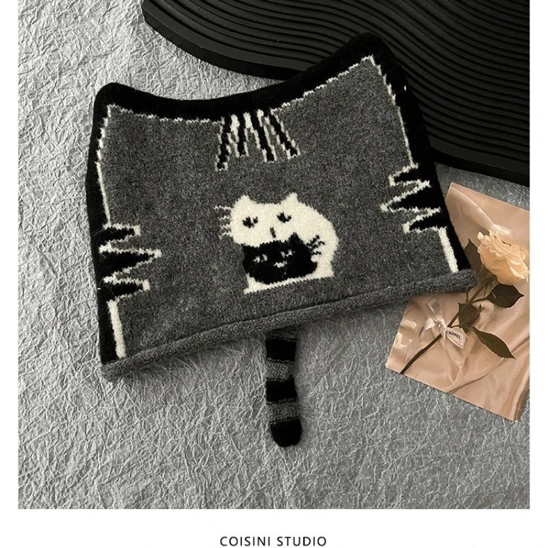 Niedliche Katzen-Jacquard-Strickmütze für Herbst und Winter, Modische und Warme Ohrenschutz-Katzenohr-Beanie-Mütze für Frauen – Detail 6