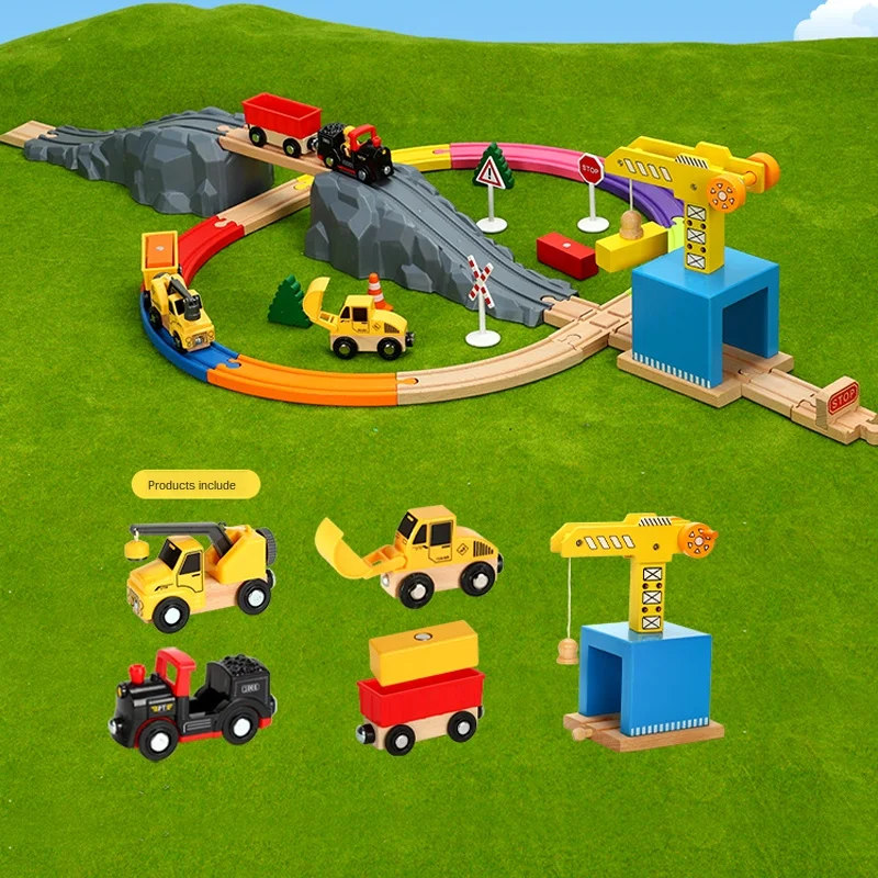 Treno Pista di Legno Giocattolo Auto Combinazione Bambino 1:64 Miniera Sito Ferroviario Trasporto Compatibile Con Tracce di Legno Nuovo Stile Regalo PD72
