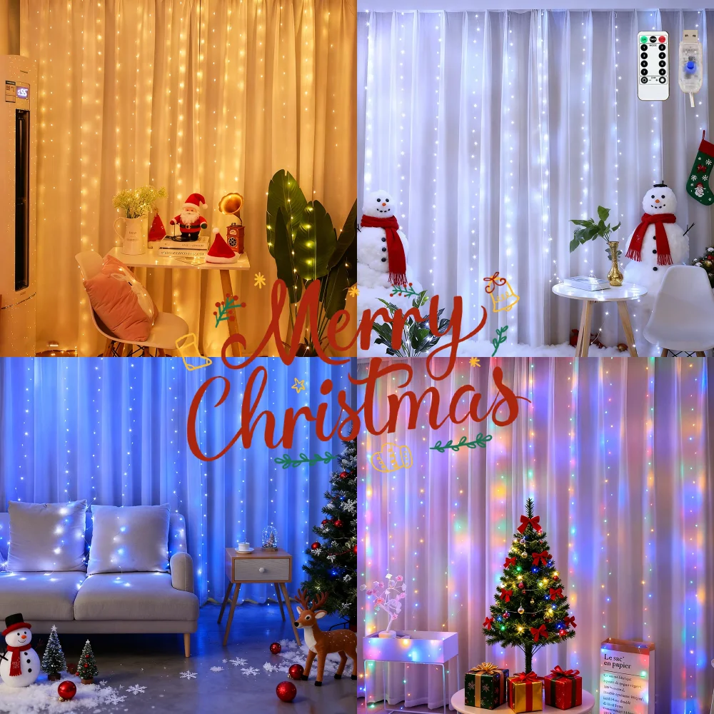 

1pc 3m*3m 300 LED Christmas Window Curtain Lights, with 8 Lighting Modes and Remote, USB Plug in Copper Wire Lights with Hook