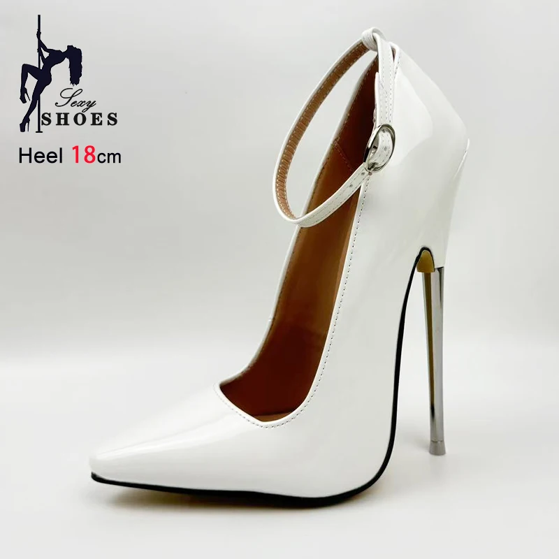 

18CM/7'' Ultra high heel Ankle Strap Sexy Ballet Shoes Women Fetish White Pointed SM Game Stylish Stiletto Pumps Large Size 46