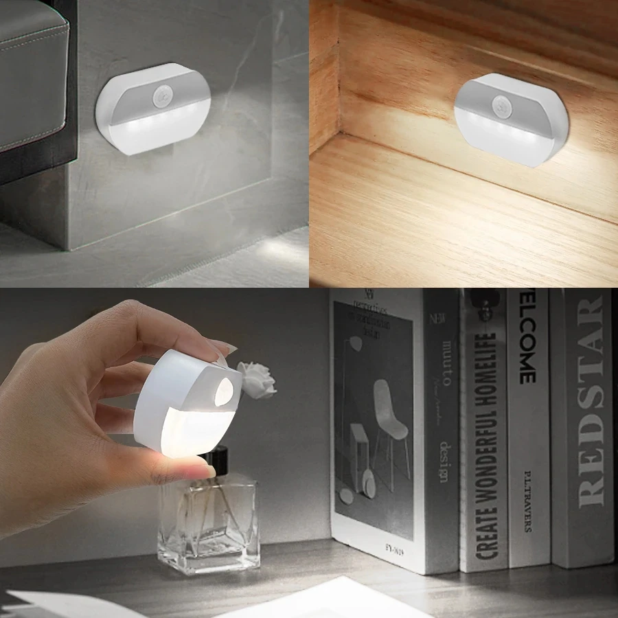 Human Body Induction LED Night Light Battery Powered Motion Sensor Night Lamp for Kitchen Cabinet Storage Wardrobe Stair Hallway